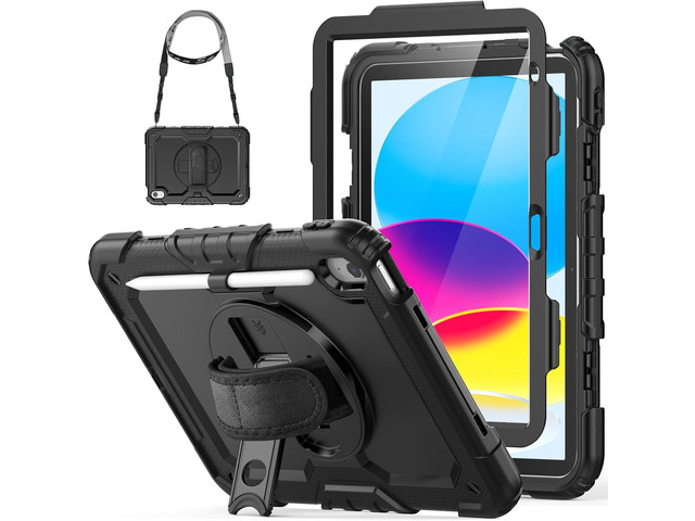 HXCASEAC Case for A16 iPad 11th/10th Generation, Heavy Duty Protective, with Screen Protector, Pencil Holder, 360 Stand, Hand Strap, Shoulder...