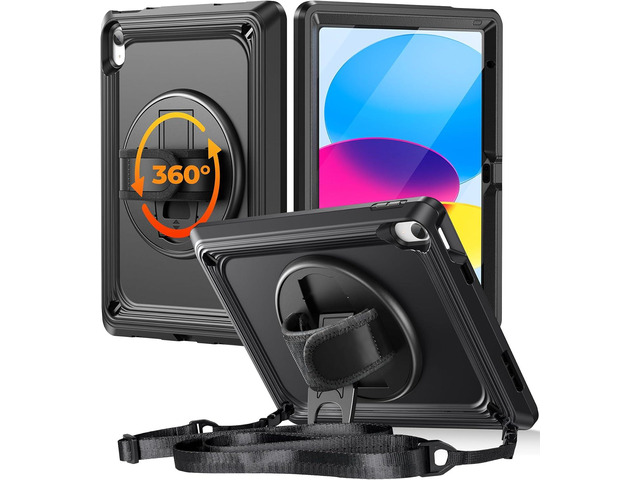TSQQST iPad (A16) 11th/10th Generation Case 10.9 Inch 2025/2022 with Screen Protector Military Grade 360 Rotating Stand & Hand Shoulder Strap ...