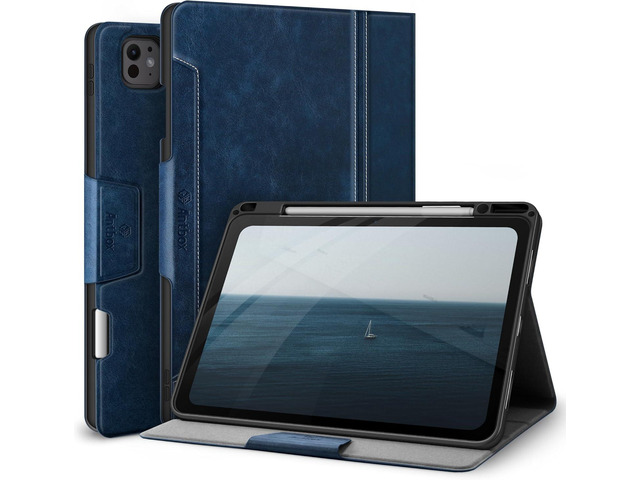 Antbox for iPad Pro 13 Inch Case M4(2024), Built-in Pencil Holder, Supports Pencil Pro/(USB-C), Auto Sleep/Wake, PU Leather (Blue)
