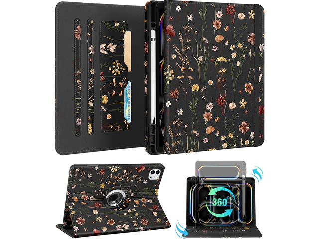 Kidcube for iPad Pro 13 Inch Case M4 2024 - Women Girls Cute Rotating Stand Folio Cover with Pencil Holder & Card Slot Flowers Floral Unique Design...