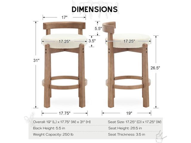 HEAH-YO Mid Century Modern Bar Stools Set of 2, 26.5' Counter Stools with Back, Linen Upholstered Barstools with Solid Wood Legs Bar Chairs for...