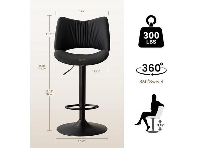 Rowill Bar Stools Set of 2 Modern Counter Height Barstools Swivel Adjustable Black Faux Leather Bar Chairs for Kitchen Island with Back and Metal Base