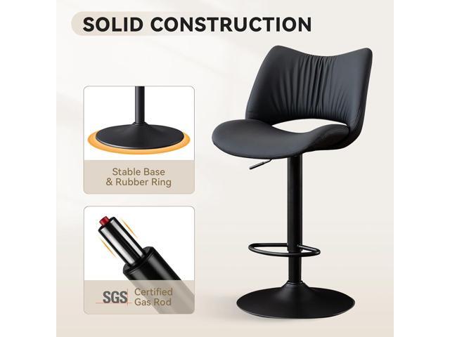 Rowill Bar Stools Set of 2 Modern Counter Height Barstools Swivel Adjustable Black Faux Leather Bar Chairs for Kitchen Island with Back and Metal Base