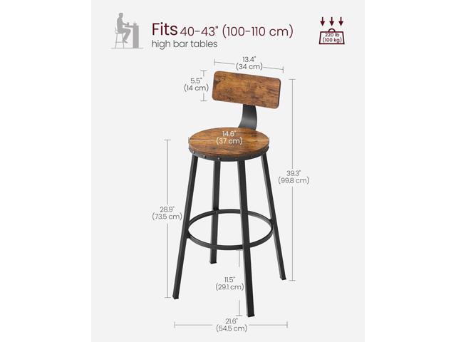 VASAGLE Bar Stools Set of 2, Bar Height Stools, 28.9 Inches Counter Barstools Chairs with Back for Dining Kitchen Island, Steel Frame, Industrial...