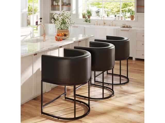HNY Black Modern Barrel Counter Height Clearance Bar Stools Set of 3, 24 Inch PU Leather Kitchen Barstools with Back for Island, with Black Metal...