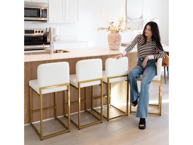 MAISON ARTS Off White & Gold Bar Stools Set of 4, Counter Height 24 Inch Barstools with Back, Modern Faux Leather Upholstered Bar Chairs for...