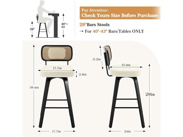 Swivel Bar Height Stools Set of 4, Upholstered Faux Leather Barstools with Rattan Back, 29' Seat Height Tall Bar Stools for Kitchen Counter, Black...