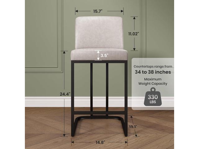 PHI VILLA Light Grey Bar Stools Set of 3, Faux Leather Counter Height Chairs, Kitchen Stools for Island, 24 Inch Barstools with Back
