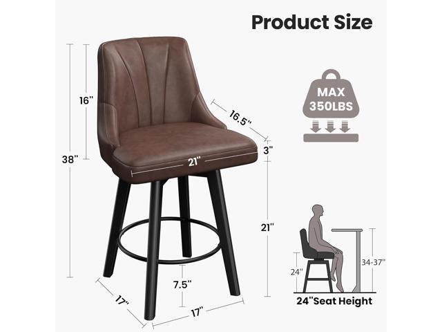 Counter Height Swivel Bar Stool, 24' Upholstered PU Leather Barstools Set of 3, Counter Stool Chair with Back & Solid Wood Legs for Kitchen Island...