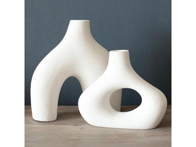Carrot's Den Donut Vase, Set of 2 - White Large Ceramic Vase - Minimalist Nordic, Hollow Table Centerpiece, Olive Plant, Wedding, Living Room,...
