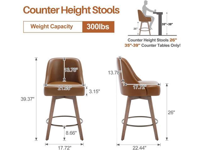 Counter Height Bar Stools Set of 3, Mid-Century Swivel Bar Chairs with Backs and Beech Wood Legs, 26 Inch Seat Height, PU Leather Upholstered...