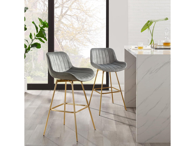 Zouron Swivel Bar Stools Set of 2, 29' Bar Height Chairs with Back Tall Barstools Velvet Kitchen Island Stools with Gold-Plated Metal Legs, Gray