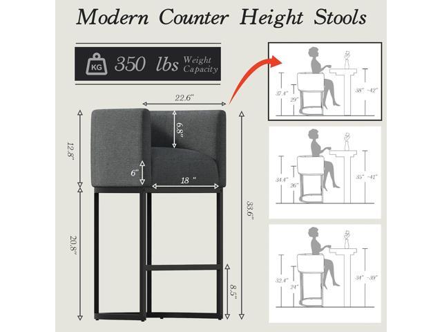 Modern Counter Height Bar Stools,Bar Stools Set of 2,Fabric Upholstered Barrel Barstools with Backs,26'' Kitchen Island Chairs,Metal Black...
