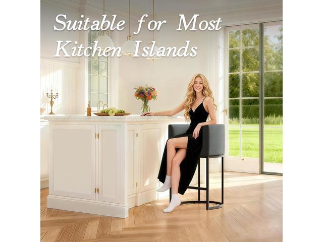 Modern Counter Height Bar Stools,Bar Stools Set of 2,Fabric Upholstered Barrel Barstools with Backs,26'' Kitchen Island Chairs,Metal Black...