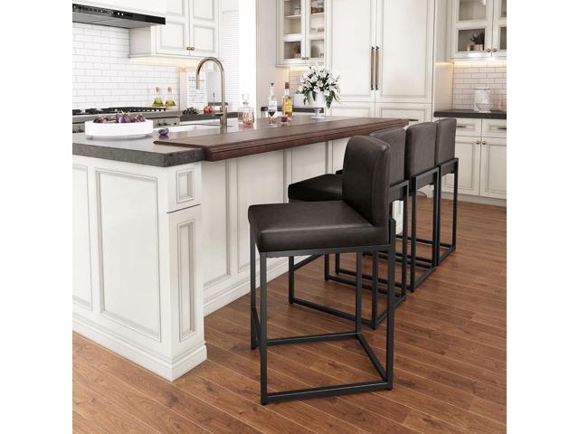 PHI VILLA Bar Stools Set of 3 - Counter Height Bar Stool Leather Stools for Kitchen Counter, Grey Bar Stools with Back