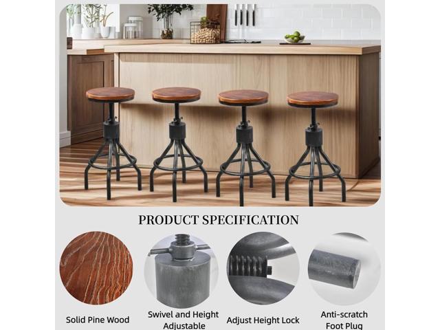 Set of 2 Industrial Bar Stool-Vintage Counter Dining Chair-Swivel Stools-Tall Height Adjustable 22-33'