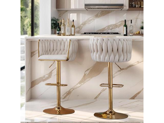 Beige Velvet Bar Stools Set of 2 - Modern Adjustable Swivel Counter Height Chairs with Woven Back, Gold Metal Leg & Base Bar Chair for Kitchen...