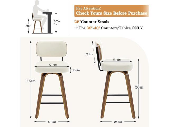 Swivel Counter Height Bar Stools Set of 4, 26' Upholstered Faux Leather Barstools with Back and Bent Wood Legs, Mid Century Modern Bar Chair Island...