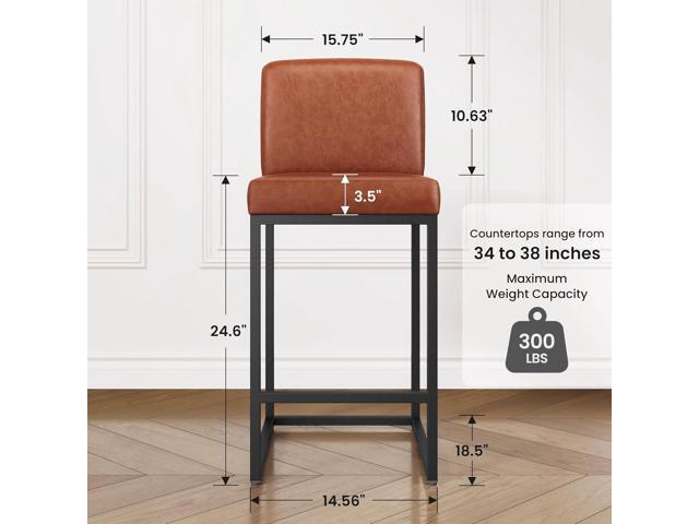 PHI VILLA Brown Leather Bar Stools Set of 4, 24 inch Counter Height Chairs, Modern Kitchen Barstools, Bar Stool with Back