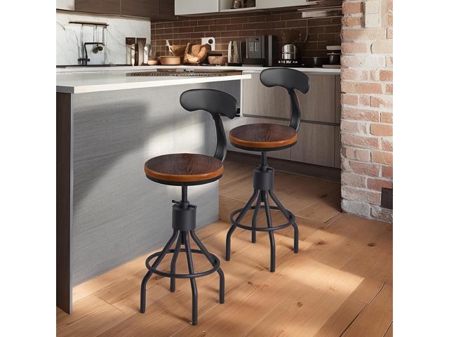 Set of 2 Industrial Bar Stools with Backrest 23-33inch Swivel Wooden Seat Kitchen Island Dining Chair Counter Stool Height Adjustable