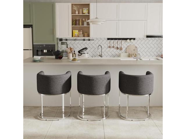 Contemporary Charcoal Linen Bar Stools Set of 3, 24' Upholstered Fabric Counter Height Barstools Kitchen Counter Island Stools with Screwed...