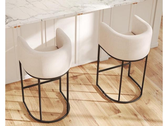 HNY Modern Counter Height Linen Fabric Cream Upholstered Counter Stool, 29 Inch Kitchen Island Stool with Black Tubular Frame