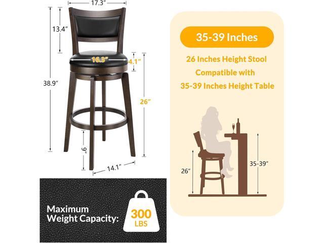 PrimeZone Swivel Bar Stools Set of 2, 26 Inch Counter Height Barstools, Black Faux Leather Bar Stool with High Backrest & Solid Wood Legs &...