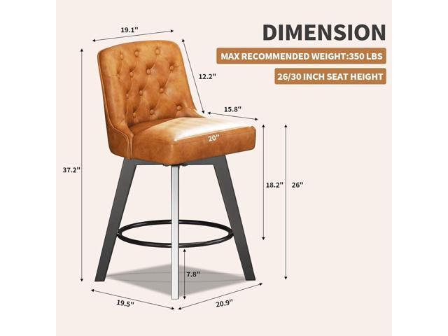 MINCETA Bar Stools Set of 2, PU Leather Barstools, 26 Inch Upholstered Counter Stools with Low Tufted Back and Footrest, Swivel Counter Height...