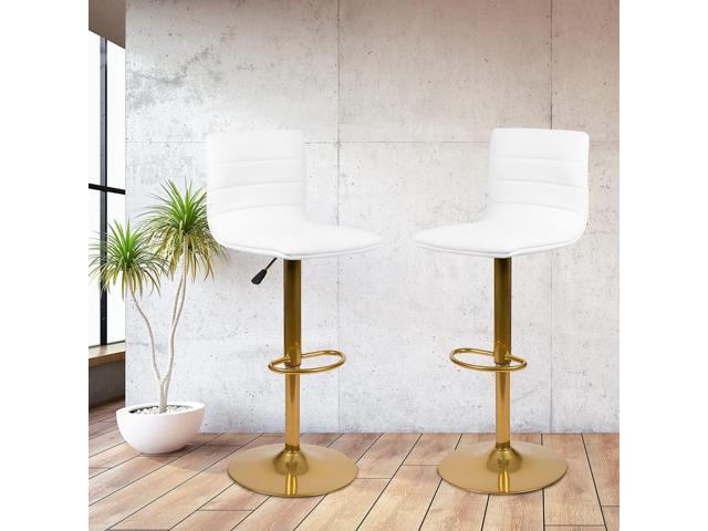 Flash Furniture Vincent Modern Vinyl Height Adjustable Bar Stools, Stylish Counter or Bar Height Swivel Stools with Footrests, Set of 2, White/Gold