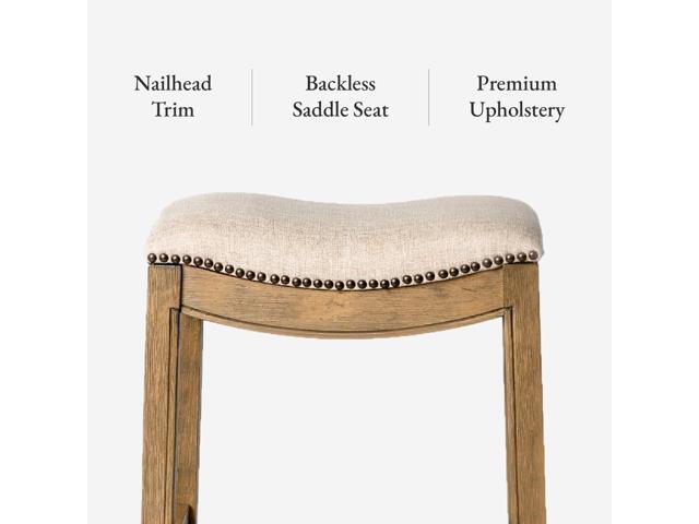 Maven Lane Adrien Backless Counter Stool 26 Inches Saddle Stool with Footrest Natural Solid Wood Frame & Natural Fabric Upholstery Perfect for...
