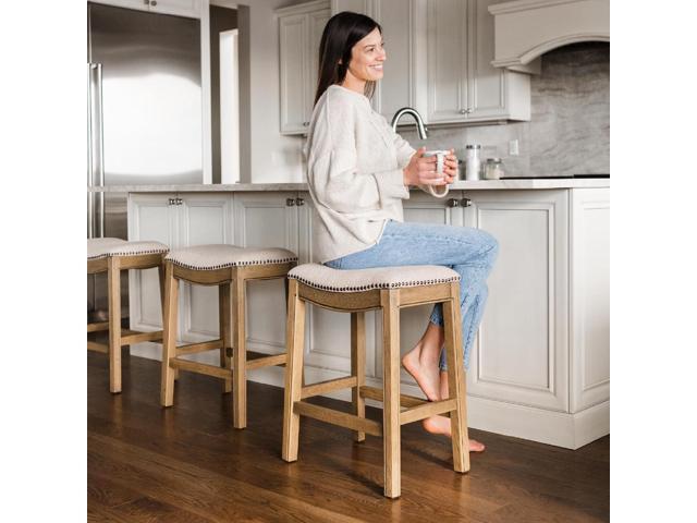 Maven Lane Adrien Backless Counter Stool 26 Inches Saddle Stool with Footrest Natural Solid Wood Frame & Natural Fabric Upholstery Perfect for...