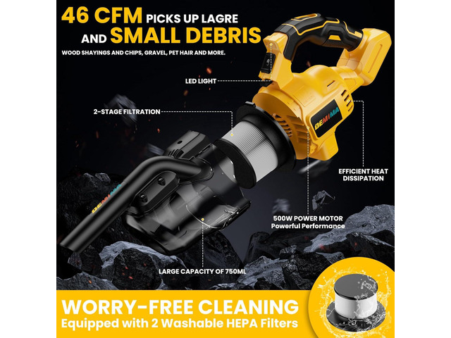 Cordless Vacuum for Dewalt 20V Battery, 5 in 1 Lightweight Handheld Vacuum Cleaner with 500W Powerful Motor, 46 CFM Portable Hand Vacuum with...