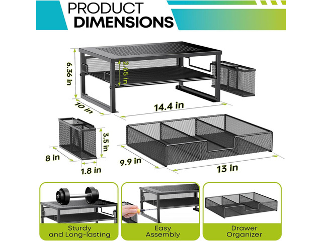 2 Tier Computer Monitor Stands with Drawer and 2 Pencil Holder, Metal Monitor Stand, Office Desk Accessories Workspace Desktop Organizers for...