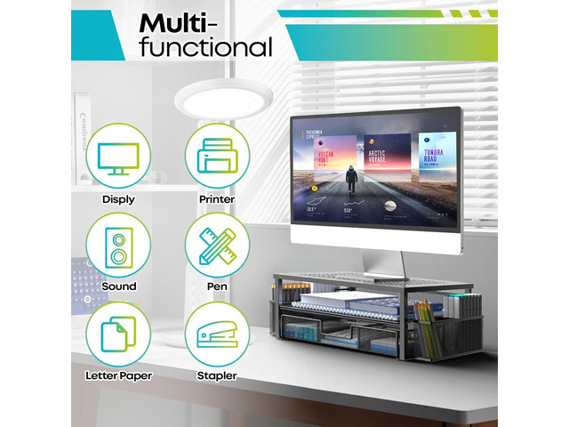2 Tier Computer Monitor Stands with Drawer and 2 Pencil Holder, Metal Monitor Stand, Office Desk Accessories Workspace Desktop Organizers for...