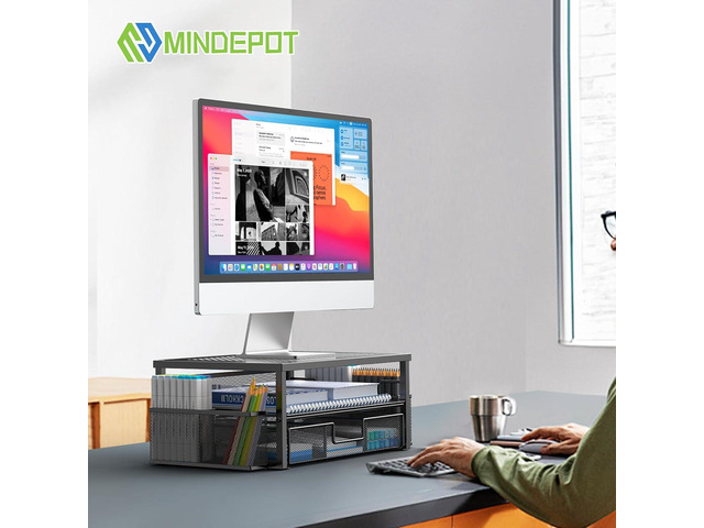 2 Tier Computer Monitor Stands with Drawer and 2 Pencil Holder, Metal Monitor Stand, Office Desk Accessories Workspace Desktop Organizers for...