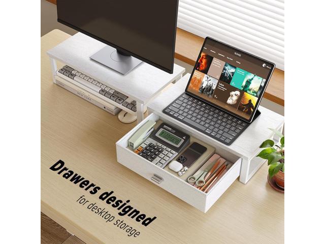 WOHOMO Dual Monitor Stand Riser with Drawers, Desk Organizers for 2 Monitors, Desktop Storage Stand for Computer,Laptop,White