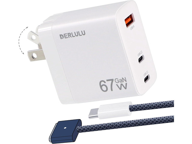DERLULU 67W USB-C Charger for MacBook Air 13/15', GaN Fast Charging Adapter with Magnetic Cable 5ft (1.5m), 2C1A Compact for MacBook, iPad, iPhone