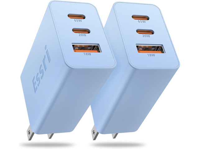Essri 2-Pack 65W USB C Charger Block, 3-Port PD 3.0 Fast Charging Wall Plug Power Adapter with 65W Type C Ports for iPhone 17/16/15/14/13 Pro...