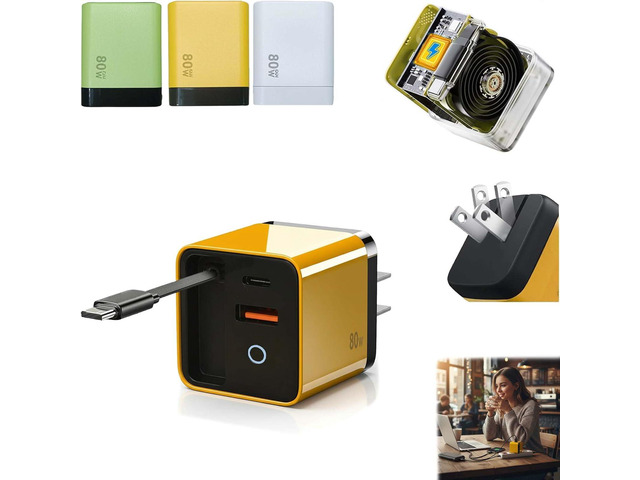 3 in 1 80w max Retractable USB-C Fast Charging Wall Charger with Built-in Cable Compact Travel-Ready Design, Easy to Carry, Ideal for Hotel Stay,...