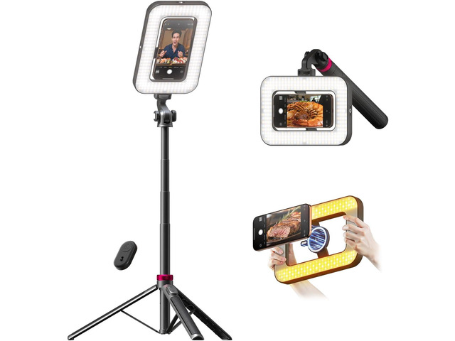 Tripod for iPhone with Light, Portable 15W Ring Light with Stand and Phone Holder for Video Recording, 6000mAh Magnetic Phone Tripod with Light...