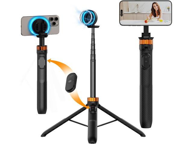 K & F CONCEPT 63'' Magnetic Selfie Stick Tripod, Lightweight Cellphone Stand with Wireless Remote, Compatible with iPhone 17 Pro Max/16/15/14/13/12...