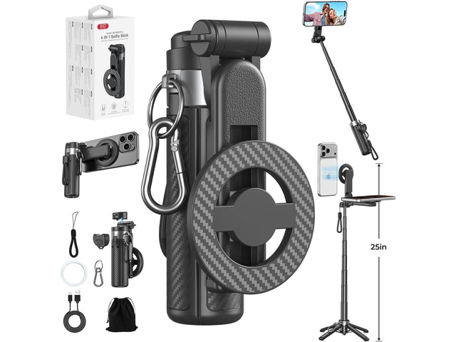 Upgrated 5-in-1 Magnetic Selfie Stick with Remote for Cell Phone 360Â° Rotation. Can Transforms into Mini Tripod/Camera Grip/Handheld...