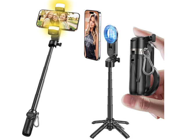 MAGIC JOHN Phone Tripod with 2 Selfie Light, Portable Pocket Size Selfie Stick for iPhone Magsafe, Selfie Stick with Detachable Remote Control for...