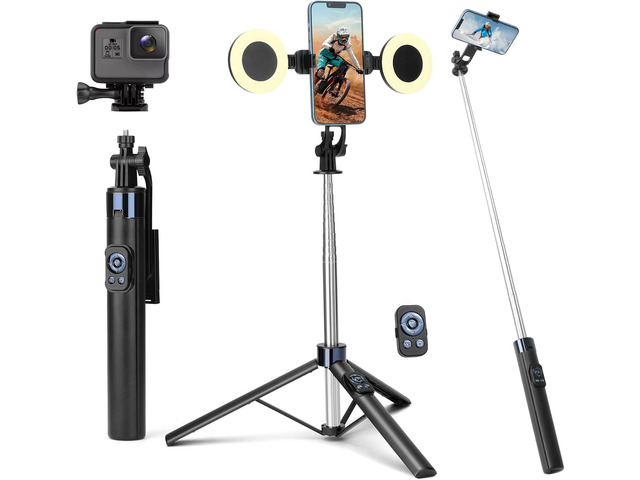 70 Phone Tripod & Selfie Stick with Light, Metal Tripod Holder with Wireless Remote,Portable Travel Selfie Stick Tripod for iPhone/Android and Gopro