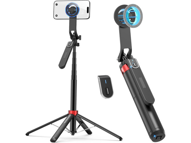 PlusAcc 69 Magnetic Selfie Stick Tripod - Extendable Phone Mount for MagSafe, 360°Rotation Travel Stand with Rechargeable Remote, Compatible with...