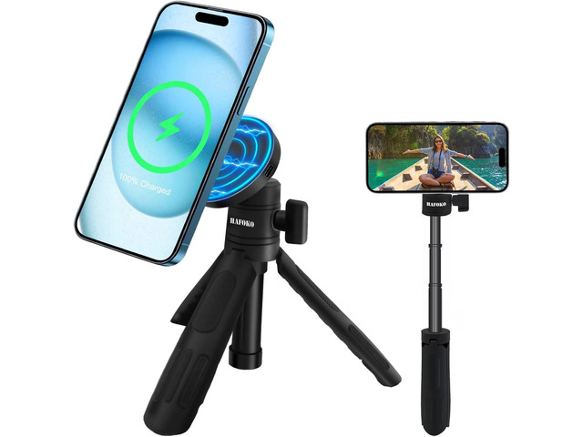 Magnetic Cell Phone Selfie Stick Tripod with 1/4' Magnetic Wireless Charging Mount Extendable Mini Desktop Smartphone Tripod compatibel for Magsafe...