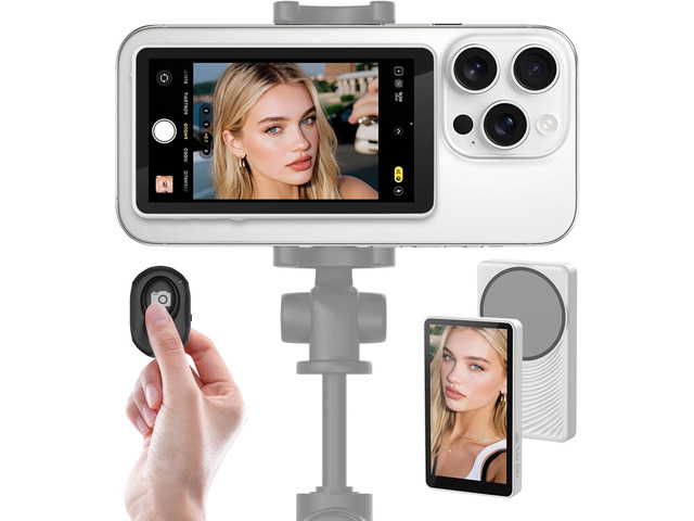 Henrety Wireless Vlog Selfie Monitor Screen for iPhone & Android, Bluetooth Remote, 180° Flip, Magnetic Stand, Wide Screen Mode, 1800mAh Battery,...