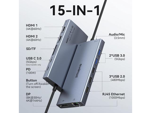USB C Laptop Docking Station with 2 HDMI 4K@60Hz+DP 8K@30Hz for HP Thinkpad Surface, 15 in 1 USB C Hub Triple Display Multiple Adapter, Dongle...