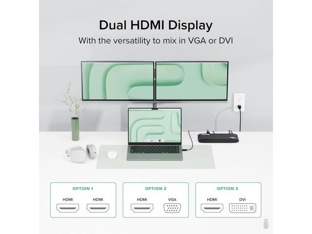 Plugable USB 3.0 Universal Docking Station for Windows, macOS, ChromeOS (Dual HDMI Monitors or DVI/VGA, Gigabit Ethernet, Audio, 6 USB Ports)
