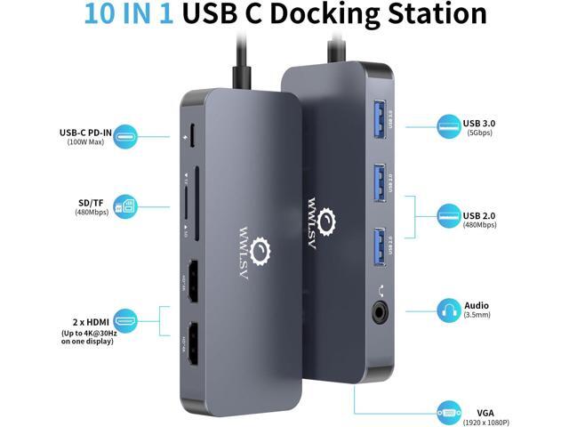 USB C Hub, 10-in-1 Docking Station Dual Monitor with 4K HDMI, VGA, Fast Charging Port, USB 3.0 & 2 USB 2.0 Ports, SD/TF Card Reader, 3.5mm AUX, USB...